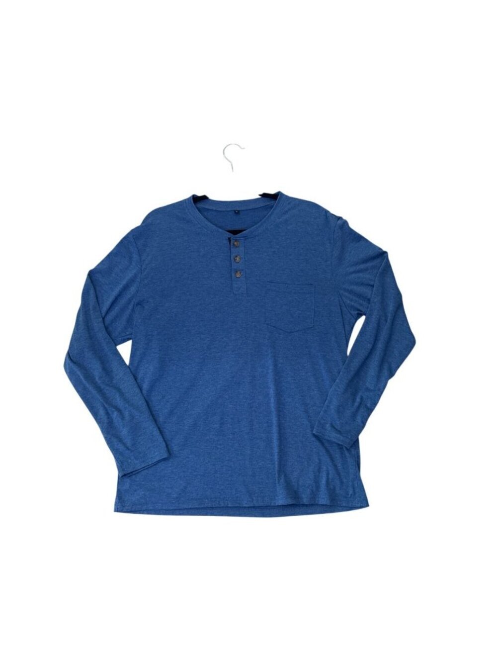 Mens Blue Long Sleeve Henley Shirt With Button Placket And Chest Pocket - Size L